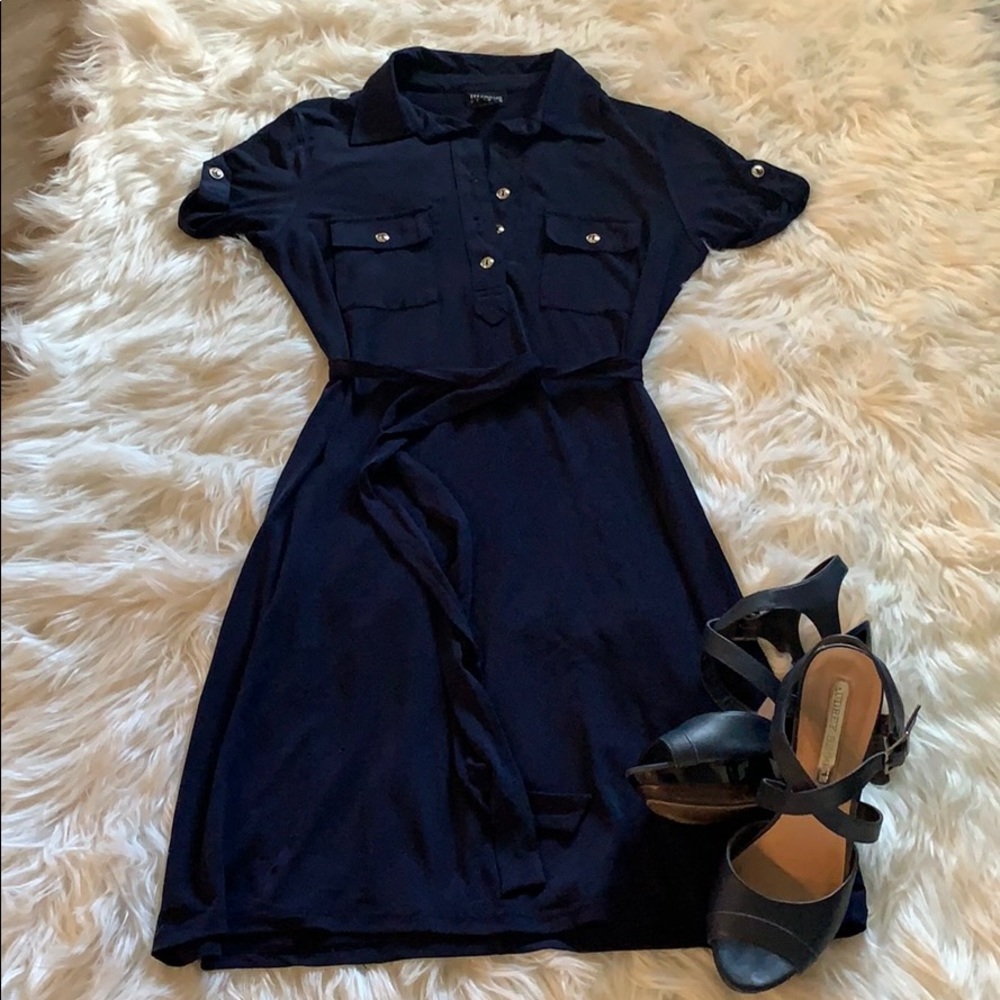 Navy blue semi button down dress w silver buttons